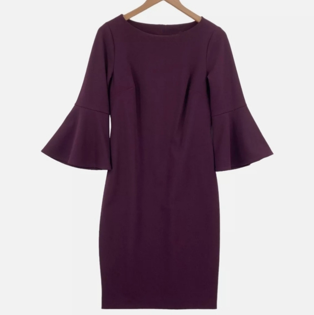 Loft Purple Knee Length Bell Sleeve Sheath Dress